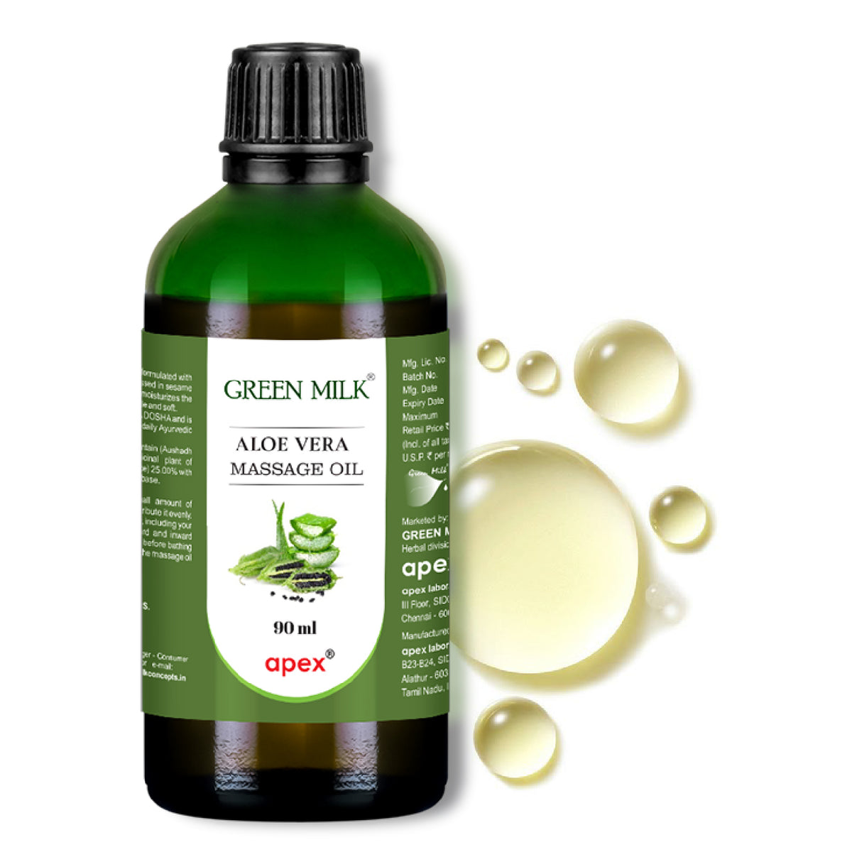 Green Milk Aloe Vera Massage Oil bottle with droplets on a white background