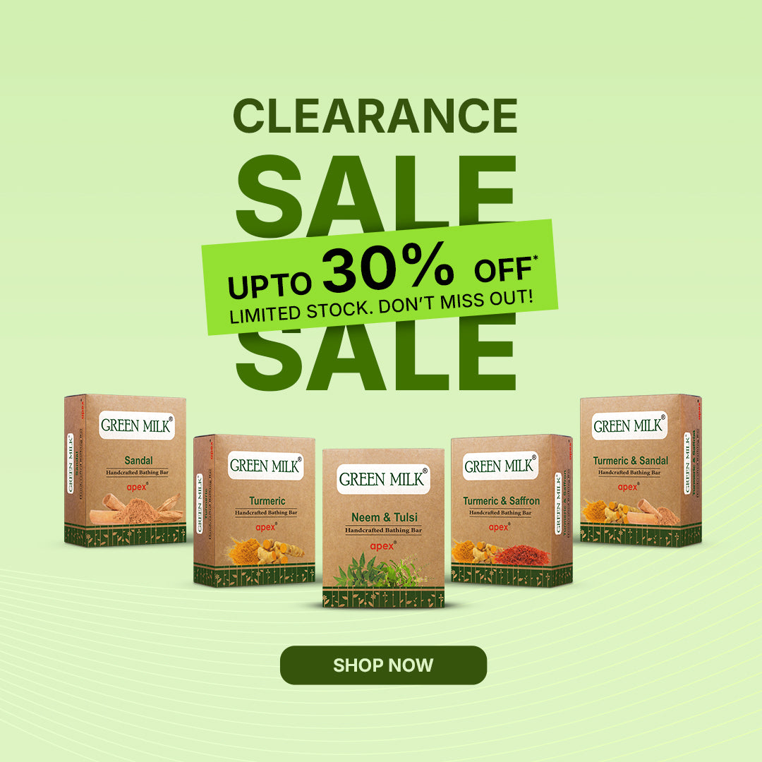 Green Milk product boxes with clearance sale text on a light green background