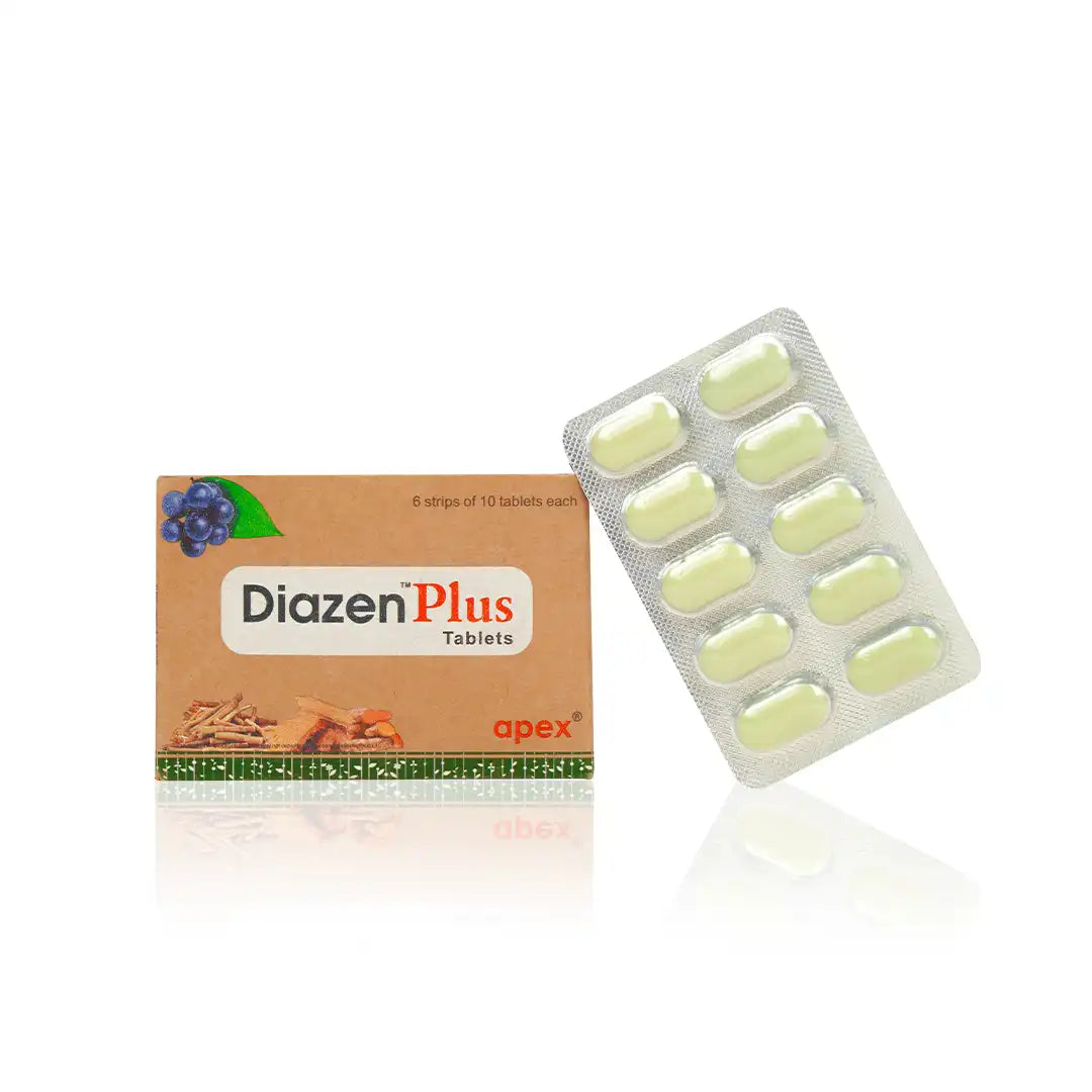 Packaging and blister pack of Diazen Plus Tablets, with branding and herbal imagery.