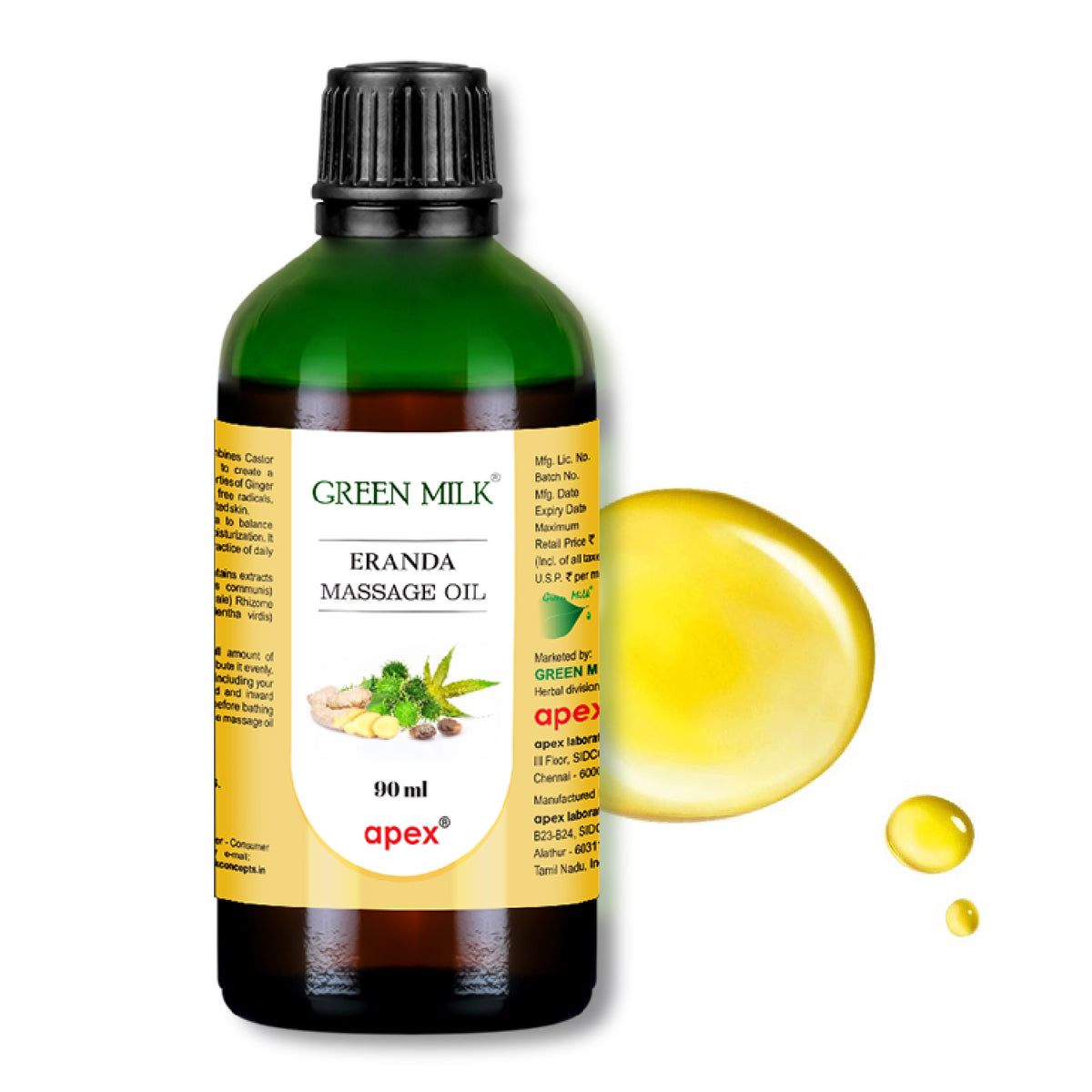 Bottle of Green Milk Erenda Massage Oil with a droplet of oil on a white background