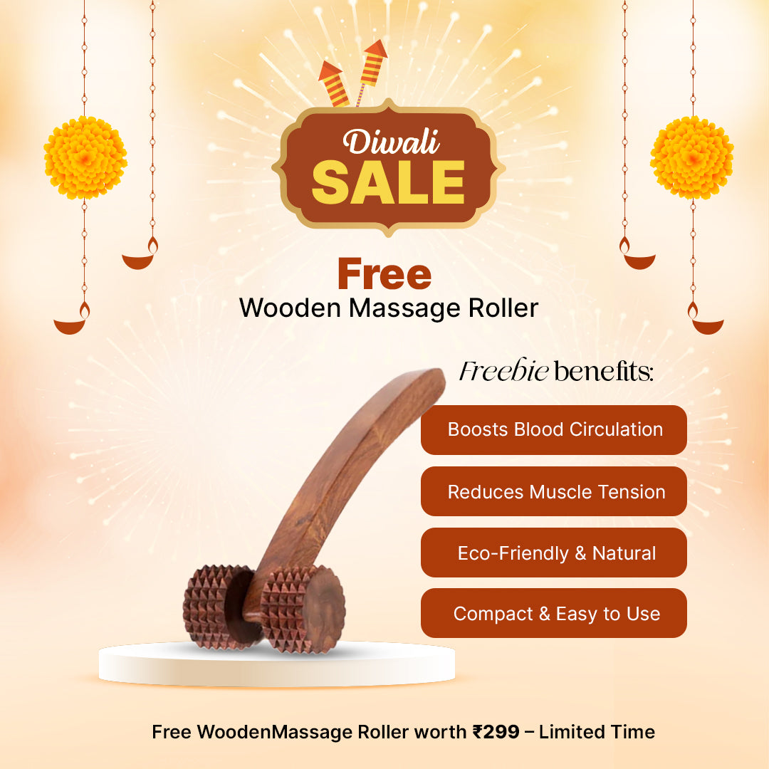 Promotional image for a free wooden massage roller with Diwali sale text and benefits listed.