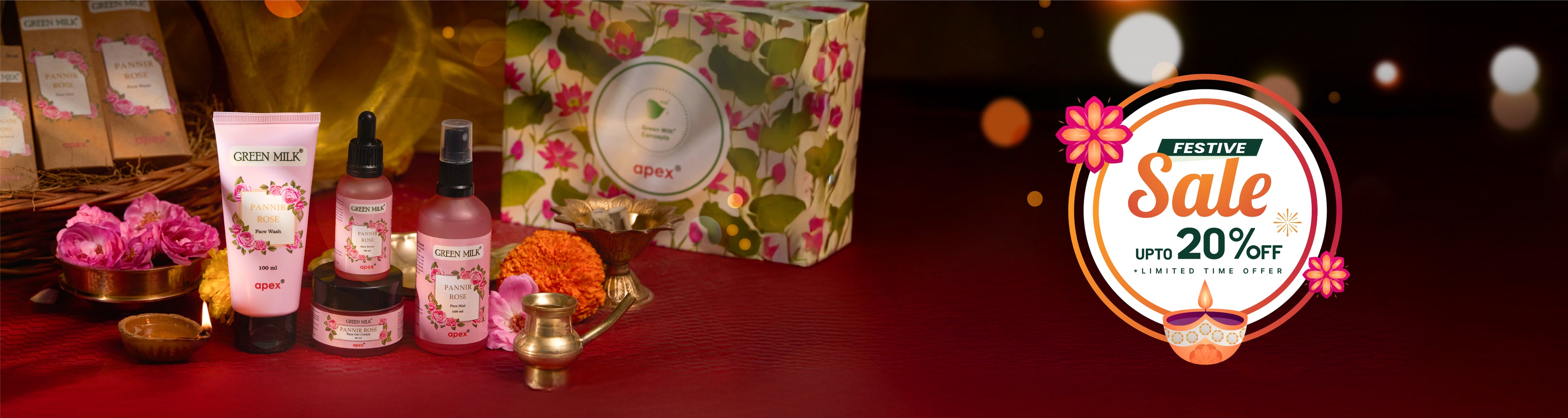 Cosmetic products on a red surface with a festive sale label.