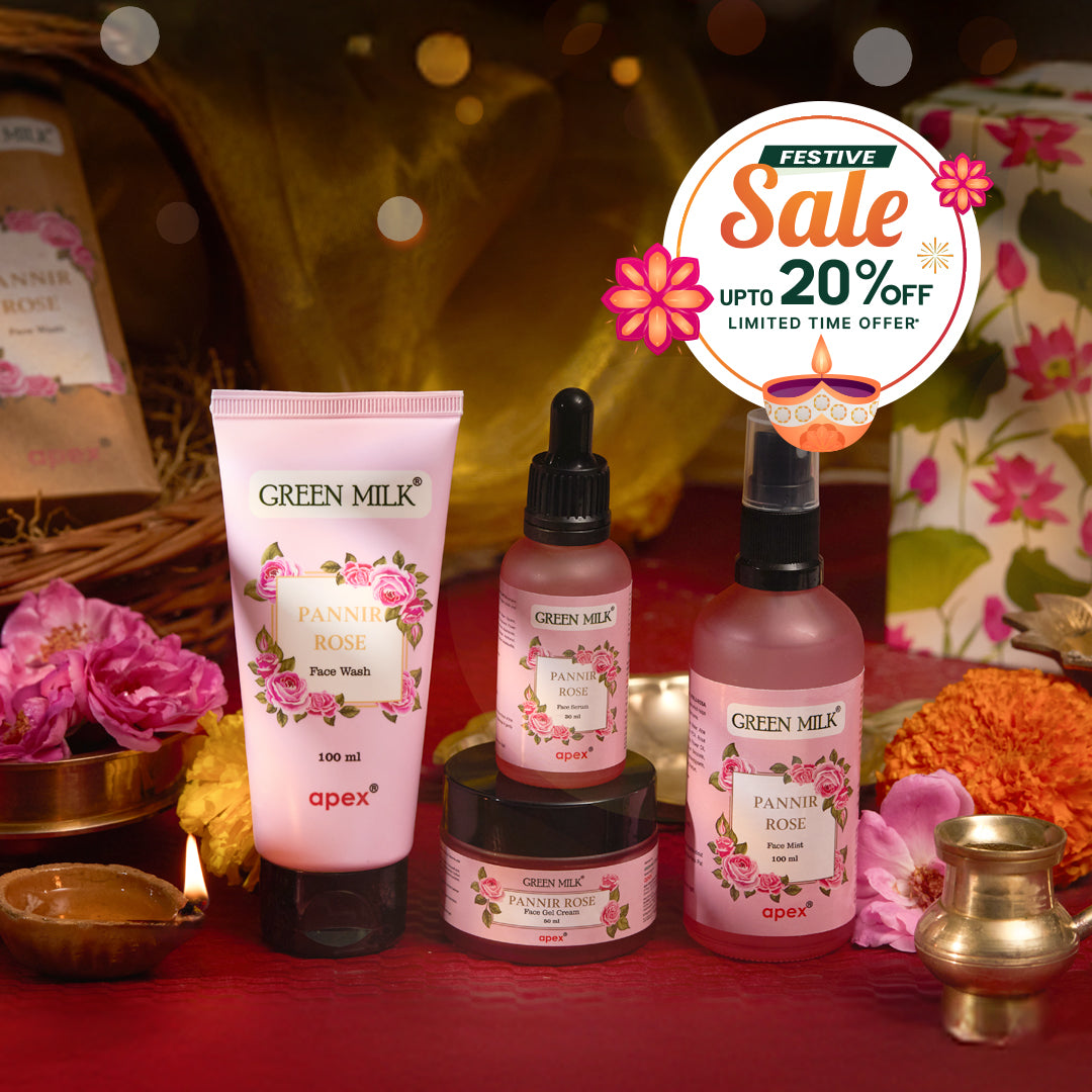 Green Milk Pansy Rose skincare products with festive sale banner on a decorative background