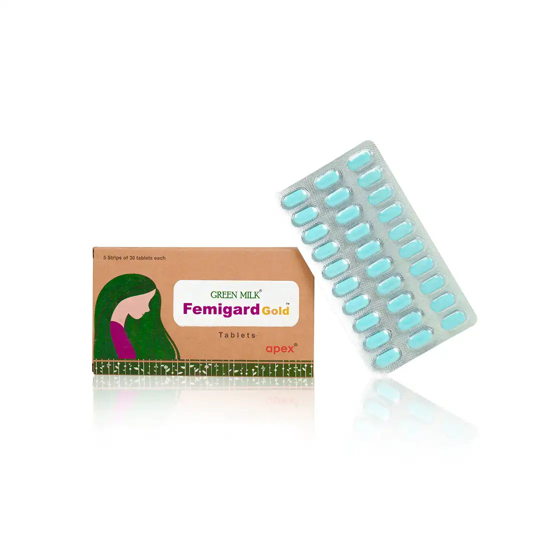 Packaging and blister pack of Femigard Gold Tablets, with green and beige color scheme and an illustration of a female figure on the packaging.