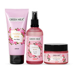 Three skincare products from GREEN MILK brand including a tube of face wash, a spray bottle of mist, and a jar of gel cream, all labeled PANNIR ROSE.