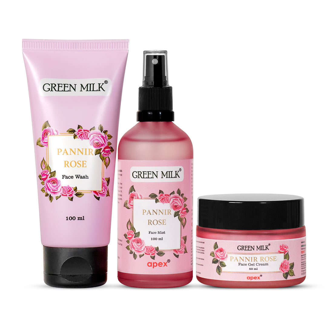 Three skincare products from GREEN MILK brand including a tube of face wash, a spray bottle of mist, and a jar of gel cream, all labeled PANNIR ROSE.