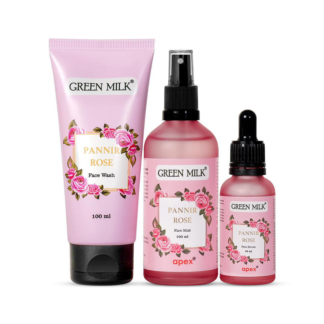 Three skincare products from GREEN MILK brand including a face wash tube, a spray bottle, and a dropper bottle, all in pink packaging with floral designs.