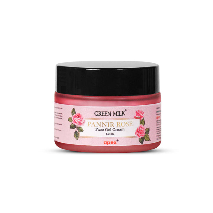 A jar of Green Milk Pannir Rose Face Gel Cream with floral design, predominantly pink in color.