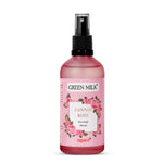 A pink spray bottle labeled 'PANNIR ROSE' by Green Milk Concepts, indicating a hydrating skin mist.