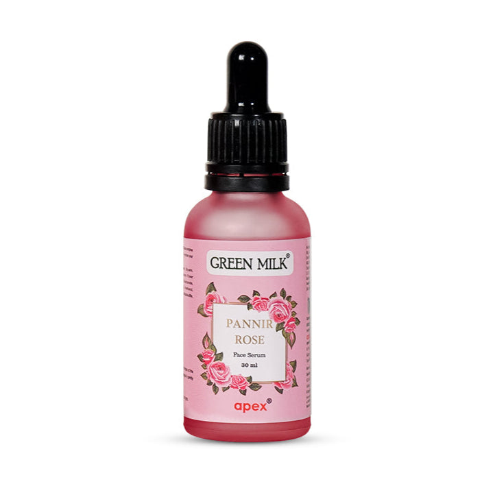 A pink bottle with a dropper containing face serum, labeled 'PANNIR ROSE' from Green Milk Concepts.