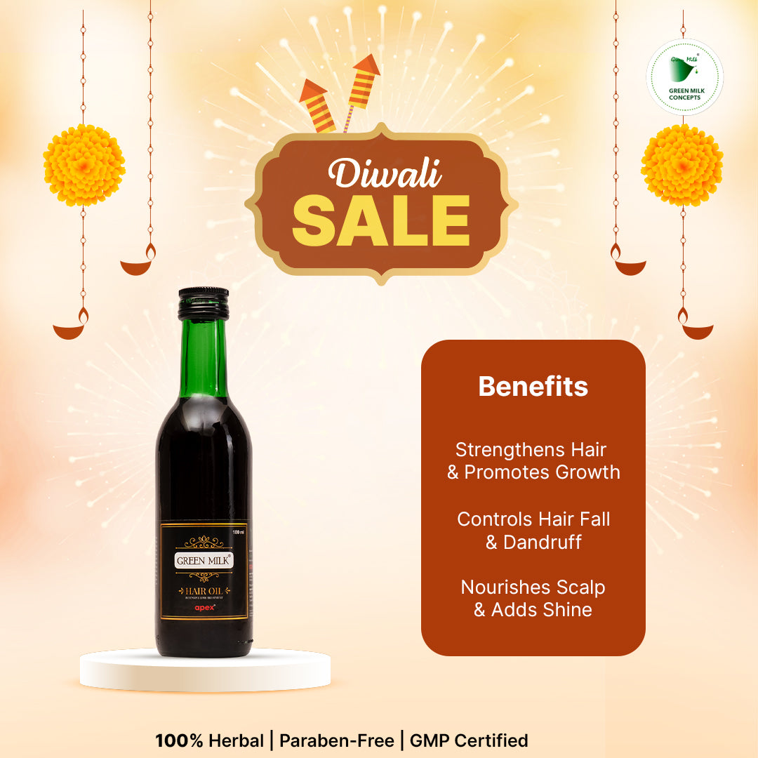 Bottle of hair oil with Diwali sale text and benefits on a decorative background