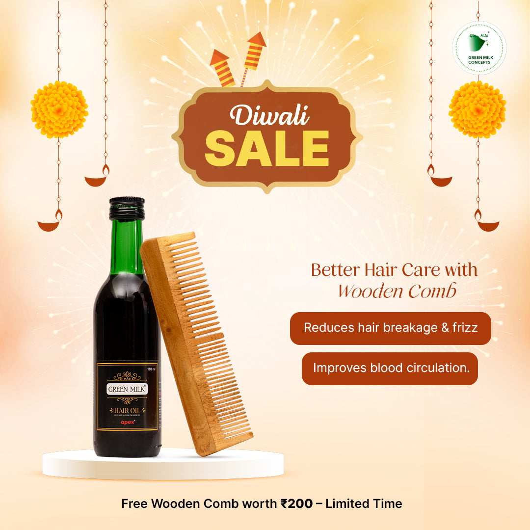 Hair oil bottle with wooden comb on a Diwali sale background