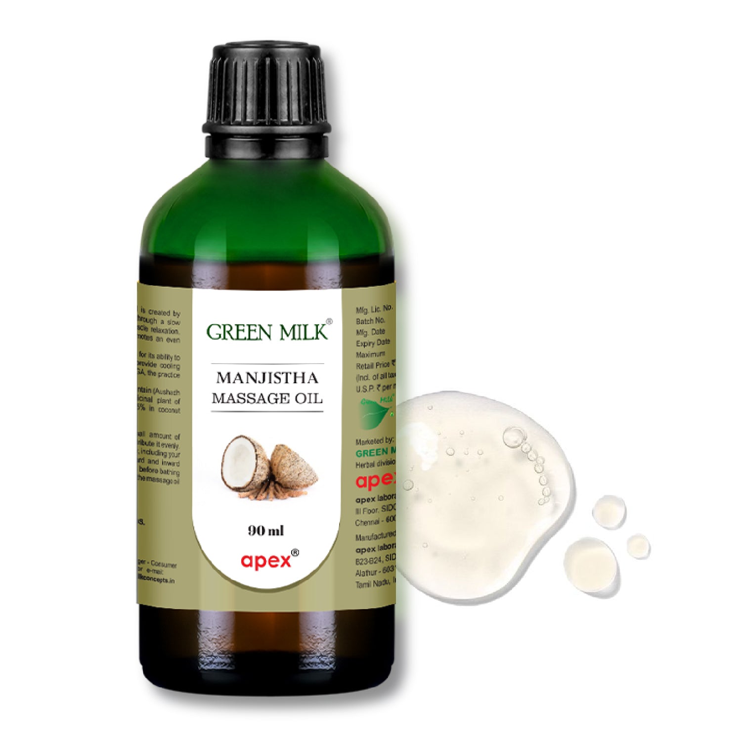 Bottle of Green Milk Manjistha Massage Oil by Apex on a white background
