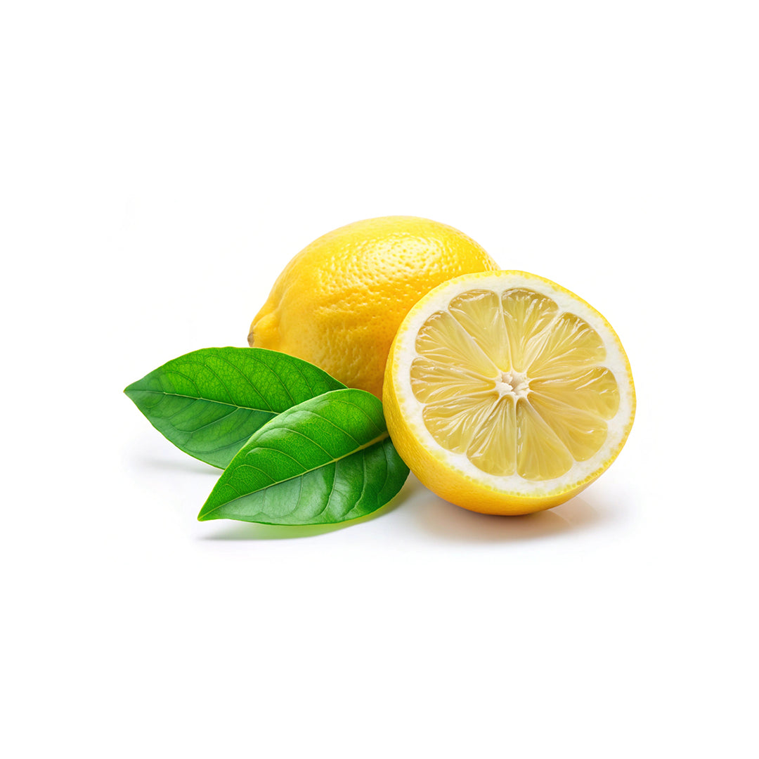 Two lemons with a green leaf on a white background