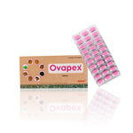 Packaging and blister pack of Ovapex tablets, with pink capsules visible.