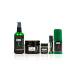 A collection of pain relief products including a spray bottle, a cream jar, a roll-on bottle, and two small tubes, all with green and black labeling.