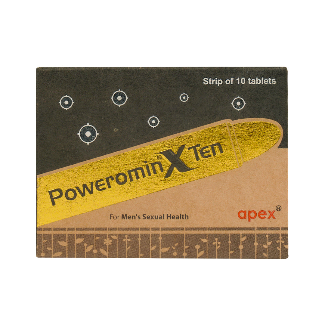 Packaging of Poweromin X Ten tablets, showing a strip of 10 yellow tablets with branding and logos.
