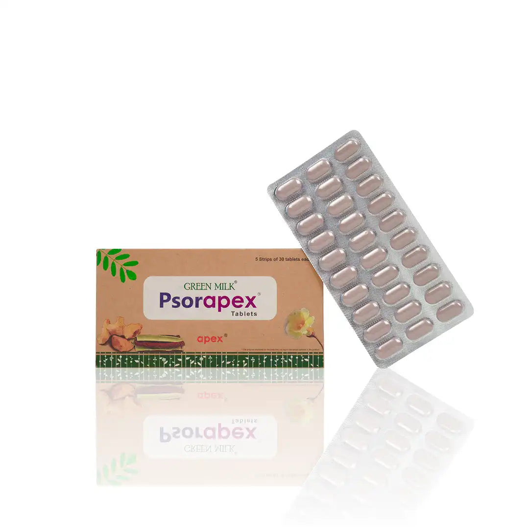 Packaging of Psorapex Tablets with the product visible in a blister pack.
