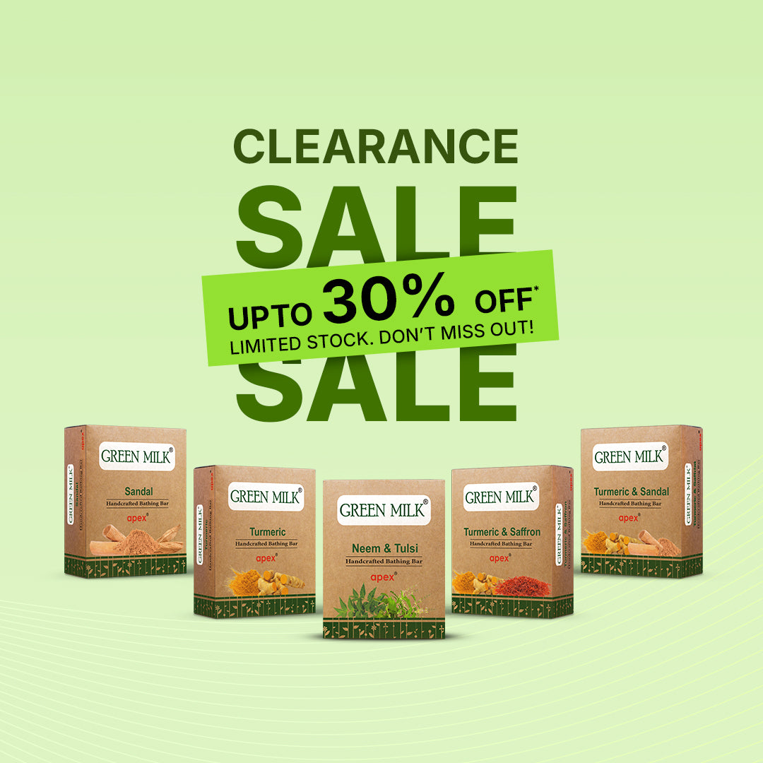 Green Milk product packaging with clearance sale text on a green background