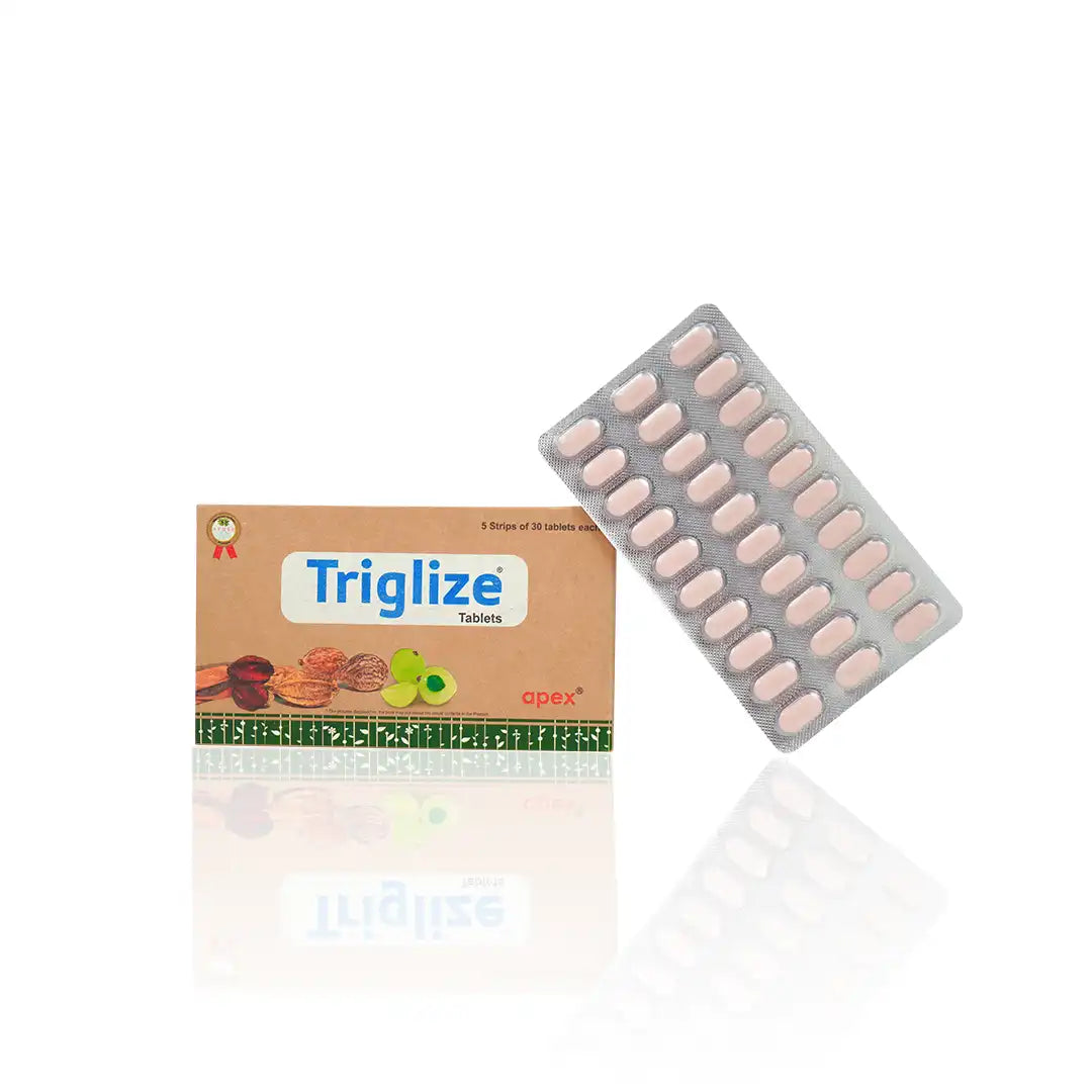 A pack of Triglize branded cholesterol supplements, containing pink capsules, displayed alongside its packaging box.