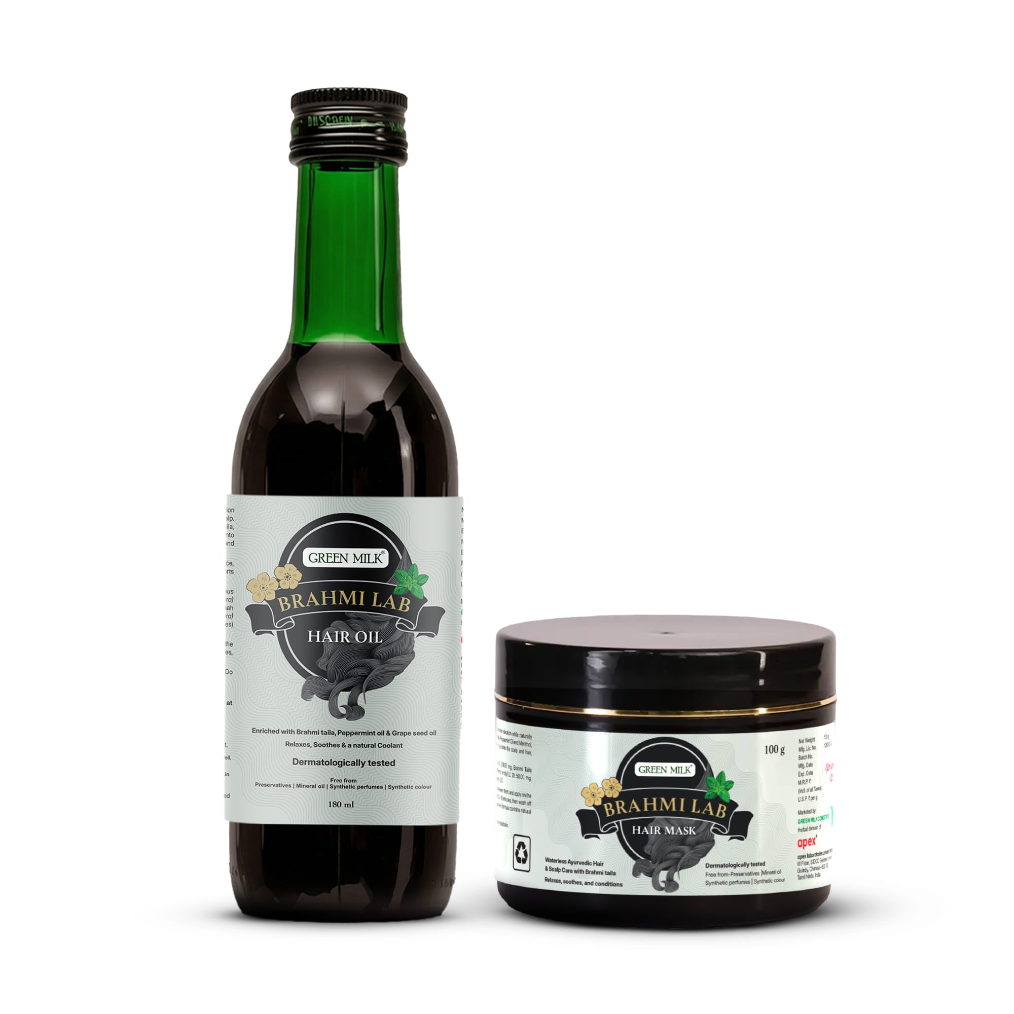 A bottle of Brahmii Lab Hair Oil and a jar of Brahmii Lab Hair Mask from Green Milk, displayed on a clean white background.