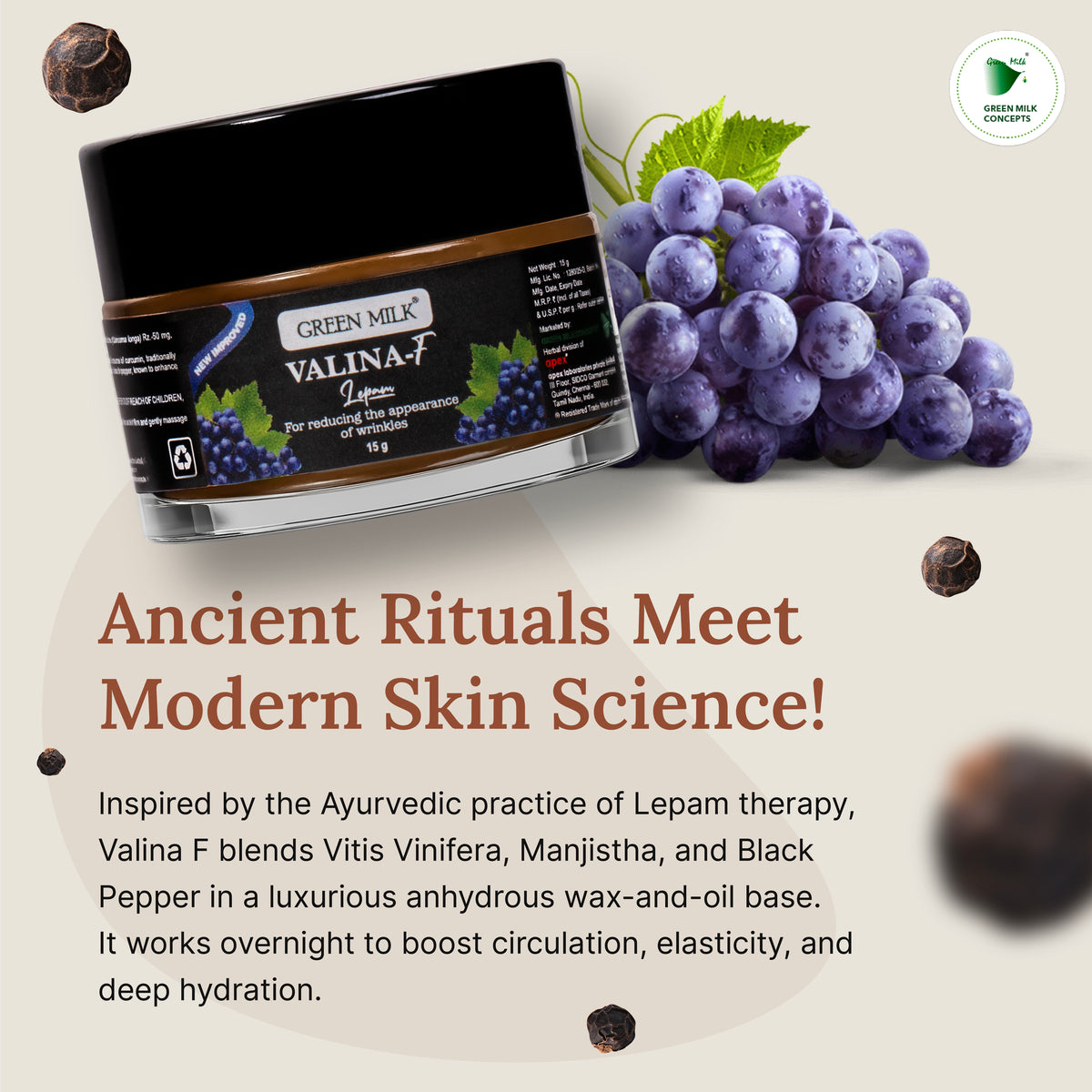 Jar of Green Milk Valina F cream with grapes and text on a light background