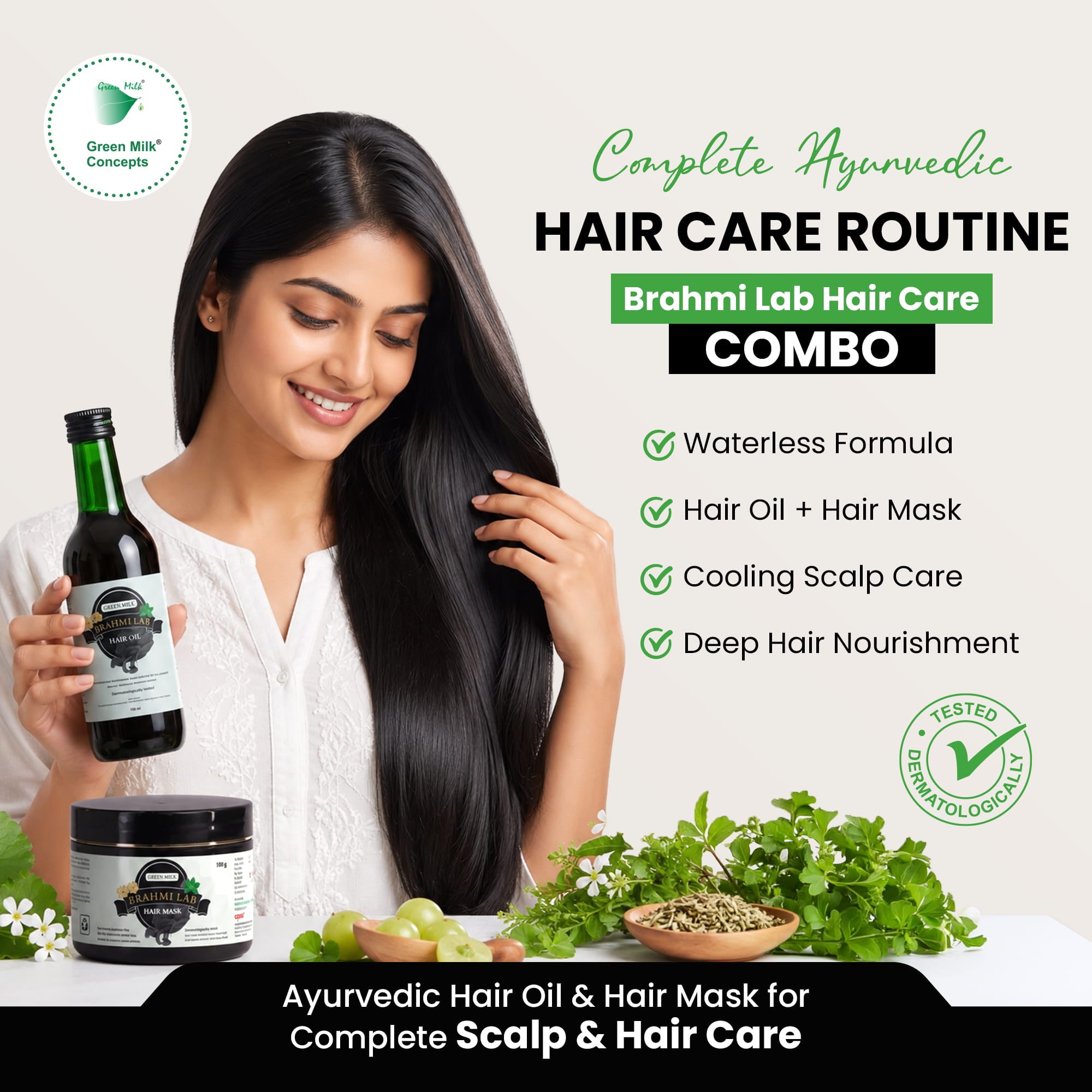 A promotional graphic for a hair care routine combo, featuring a woman with long black hair holding a bottle and standing beside a jar of hair mask. Text on the right lists benefits such as waterless formula, hair oil and hair mask, cooling scalp care, and deep hair nourishment.