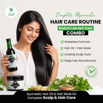 A promotional graphic for a hair care routine combo, featuring a woman with long black hair holding a bottle and standing beside a jar of hair mask. Text on the right lists benefits such as waterless formula, hair oil and hair mask, cooling scalp care, and deep hair nourishment.