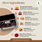 Green Milk Kumkumadi cream with hero ingredients listed on a beige background