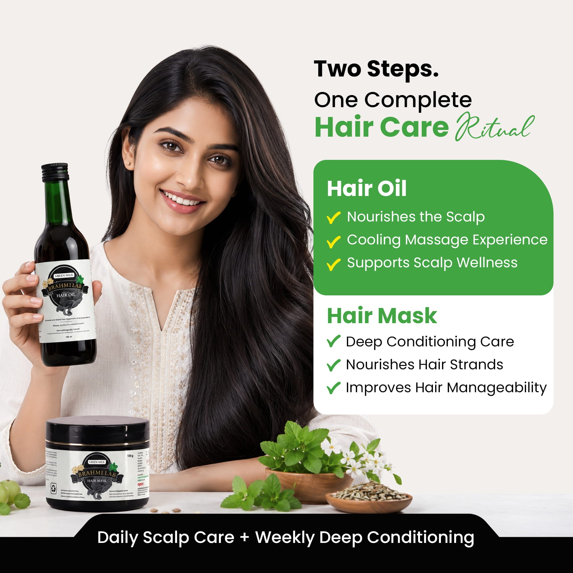 A woman with long dark hair holds a bottle of hair oil next to a jar of hair mask, with a green and white infographic detailing a two-step hair care ritual on a light background.