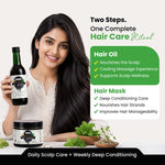 A woman with long dark hair holds a bottle of hair oil next to a jar of hair mask, with a green and white infographic detailing a two-step hair care ritual on a light background.