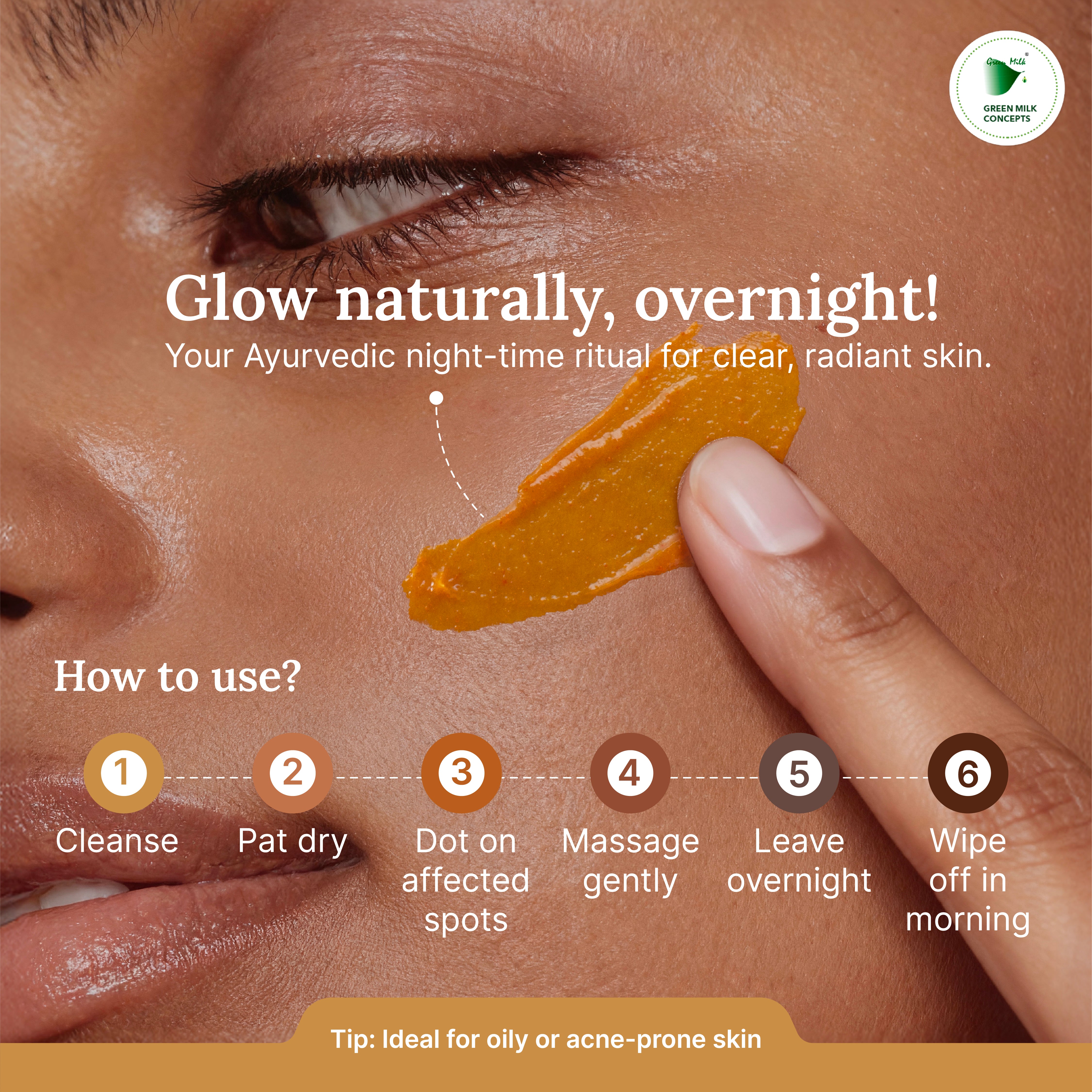 Cosmetic product application on skin with step-by-step guide and brand logo.