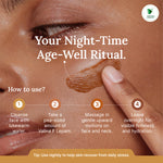 Cosmetic product application guide on a person's face with text detailing the night-time age-well ritual.