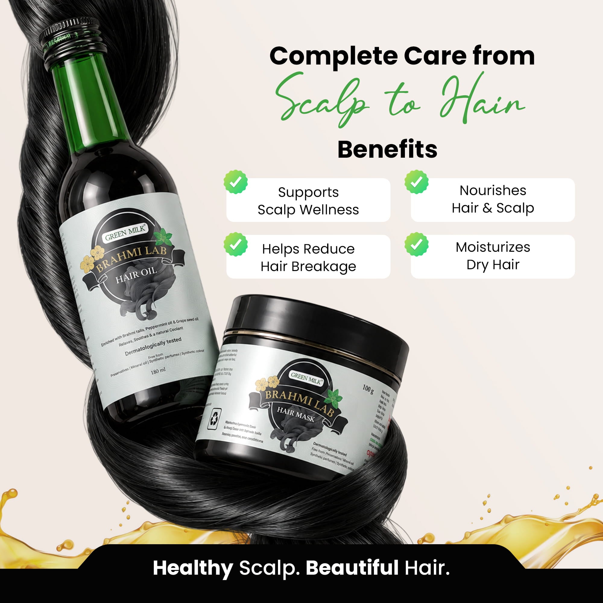 Promotional product graphic for a hair care set showing a dark bottle labeled 'Benjamelab' and a matching jar, surrounded by glossy black hair on a light beige background with benefit callouts and decorative text.
