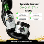 Promotional product graphic for a hair care set showing a dark bottle labeled 'Benjamelab' and a matching jar, surrounded by glossy black hair on a light beige background with benefit callouts and decorative text.