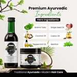 A promotional product graphic for Brahmī Laḍha Hair Oil, showing a dark glass bottle and a black jar with white and gold labels, surrounded by ingredient callouts and decorative leaves/coconut imagery on a light beige background.