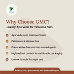 Promotional graphic for GMC Ayurveda products with benefits listed on a beige background.
