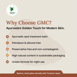 Promotional graphic for GMC skin care product with benefits listed on a beige background.