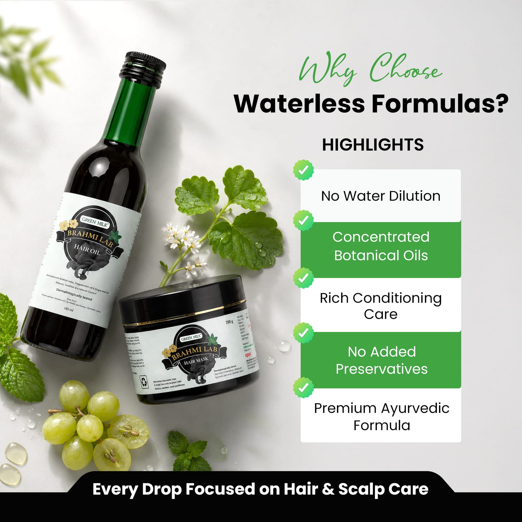 Promotional graphic for Natural Life Hair & Scalp Care products, showing a dark bottle and a jar with white labels on a light background, surrounded by green leaves, grapes, and a text callout about waterless formulas.