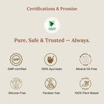Certifications and promise statement for a skincare brand on a beige background