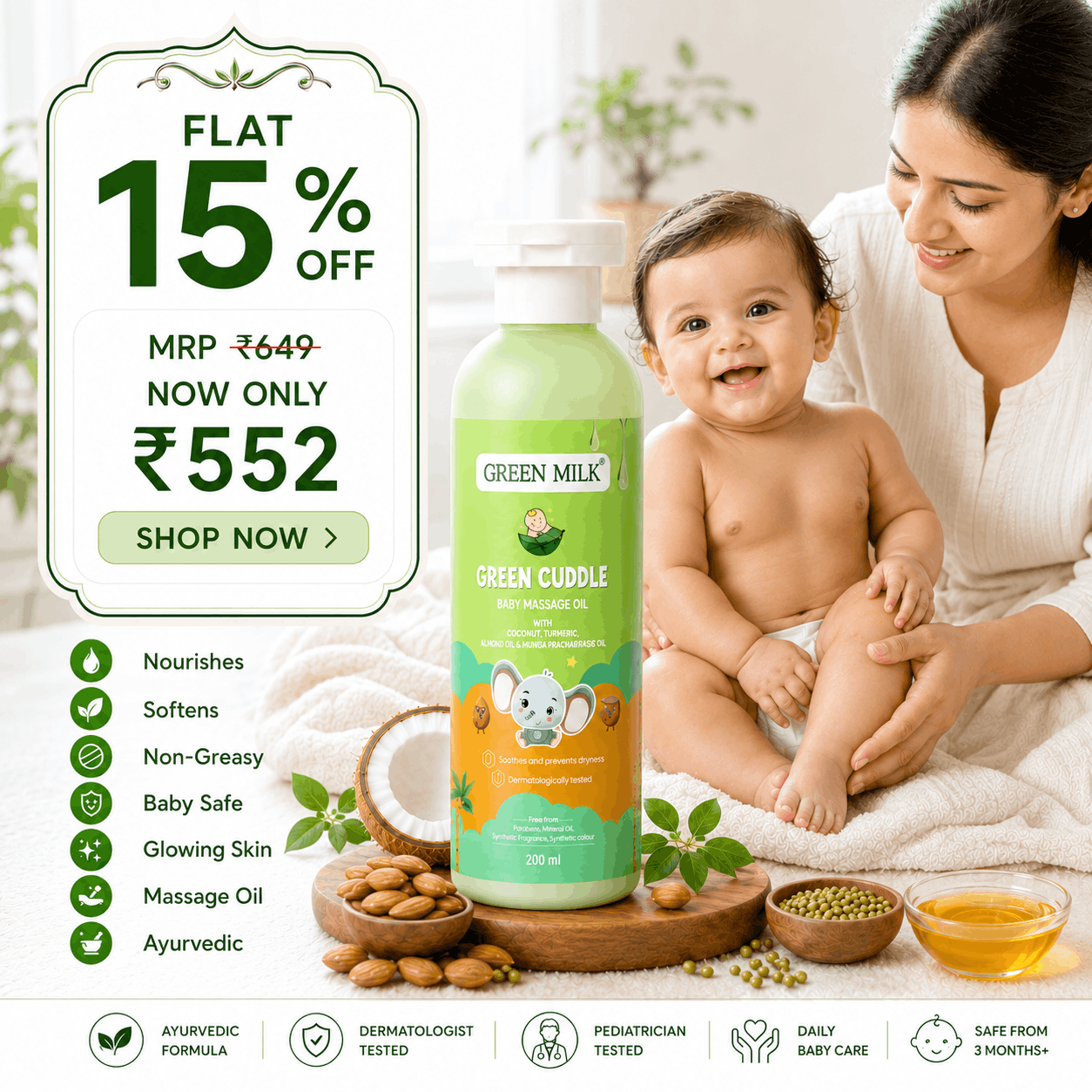 Green Cuddle Baby Massage Oil – Ayurvedic Baby Oil for Daily Pre-Bath Massage & Skin Health