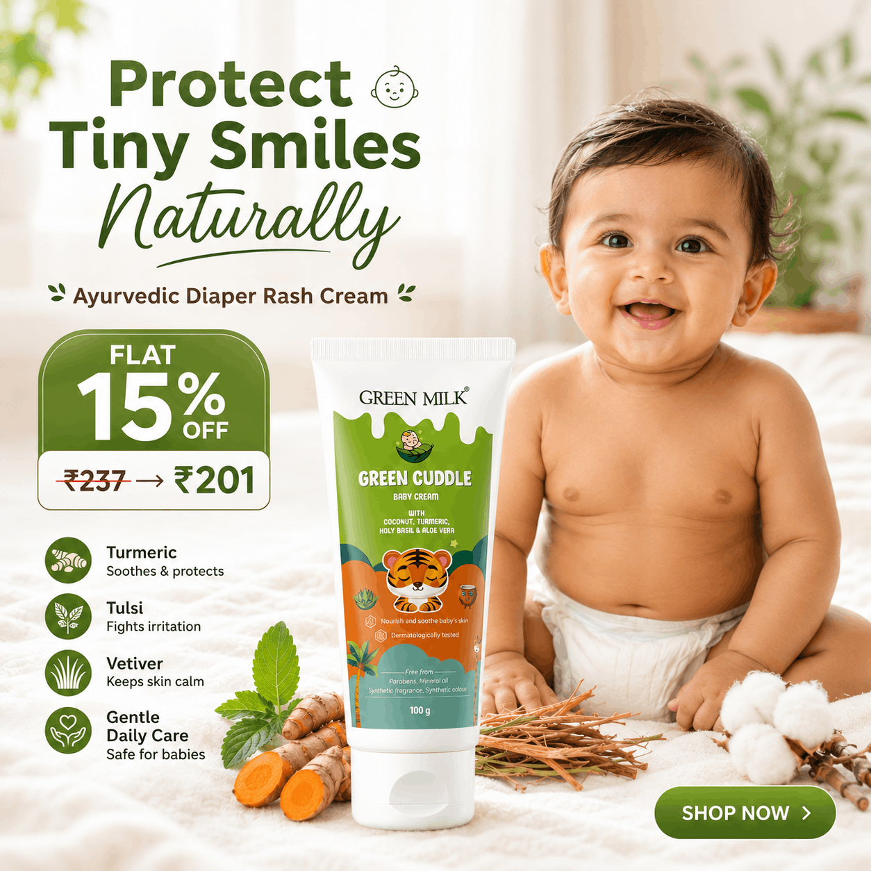 Green Cuddle Baby Cream – Ayurvedic Diaper Rash Cream with Turmeric, Tulsi & Vetiver