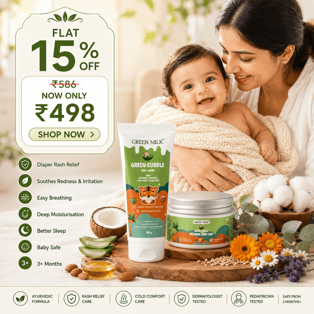 Green Cuddle Baby Rash Cream + Baby Rub Combo – Ayurvedic Comfort Care for Babies (3+ Months)