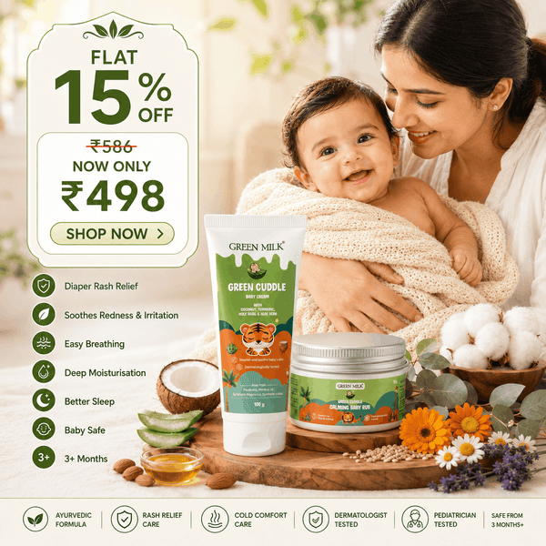 Woman holding a baby with Green Milk skincare products on a wooden table.