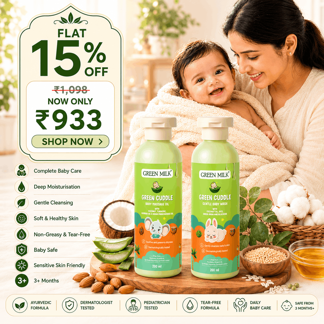 Green Cuddle Daily Baby Care Combo – Ayurvedic Baby Massage Oil & Baby Body Wash for Baby Skin (3+ Months)