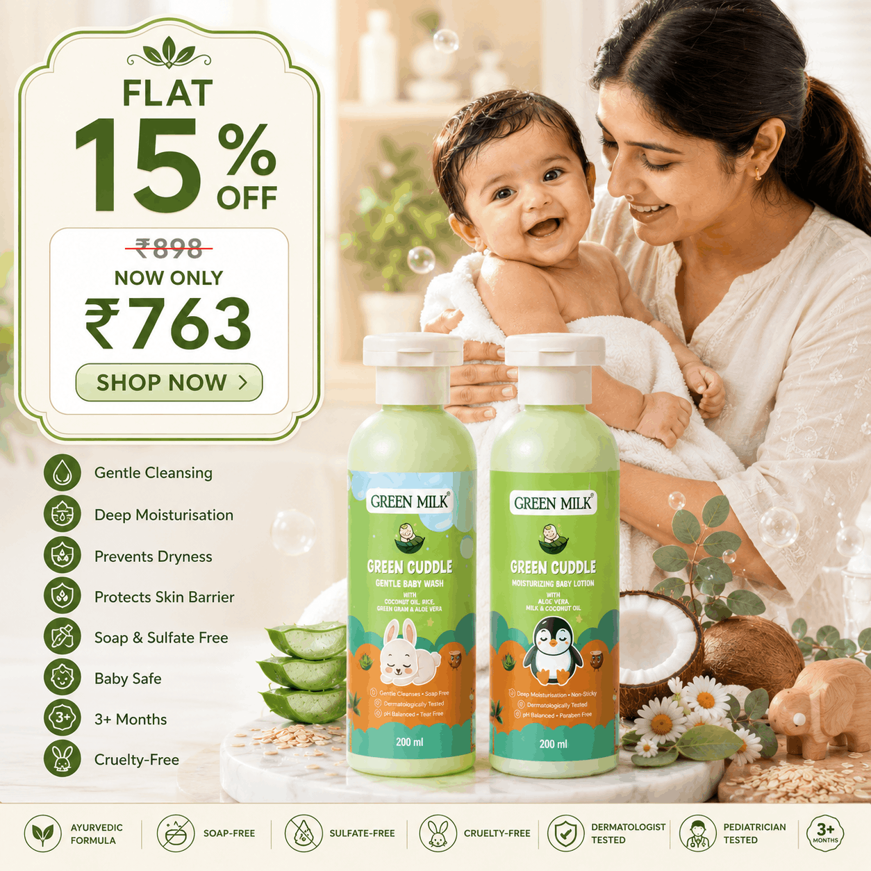 Green Cuddle Baby Lotion + Baby Body Wash Combo – Gentle Ayurvedic Daily Care for Babies (3+ Months)