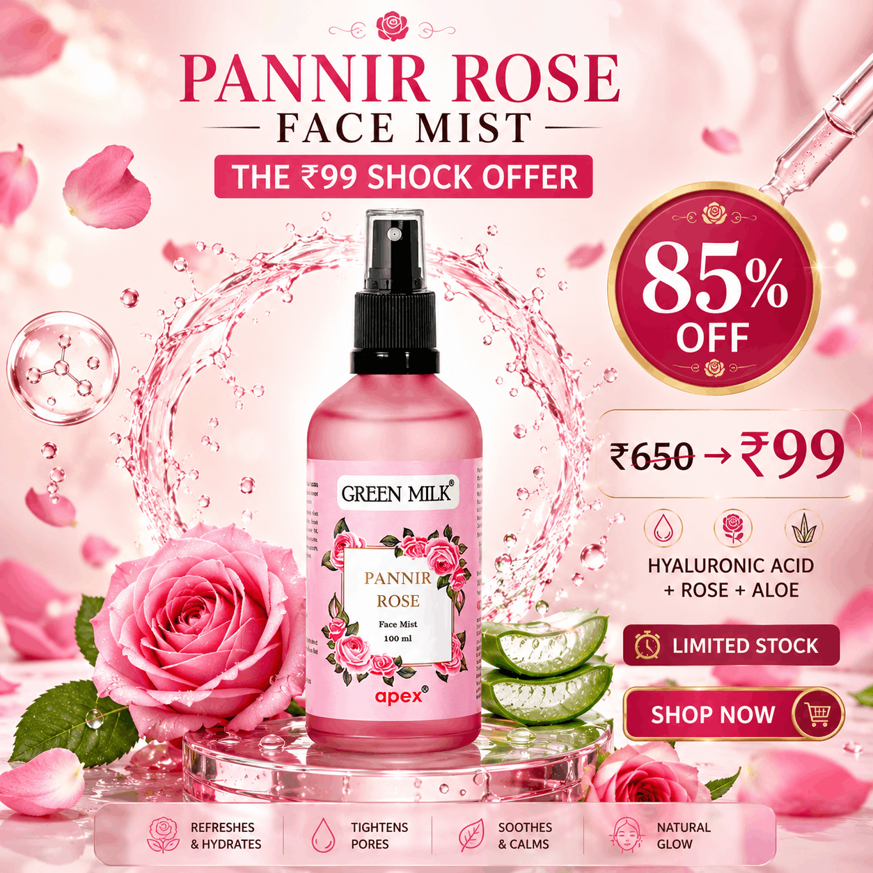 Pannir Rose Face Mist with promotional text on a pink floral background