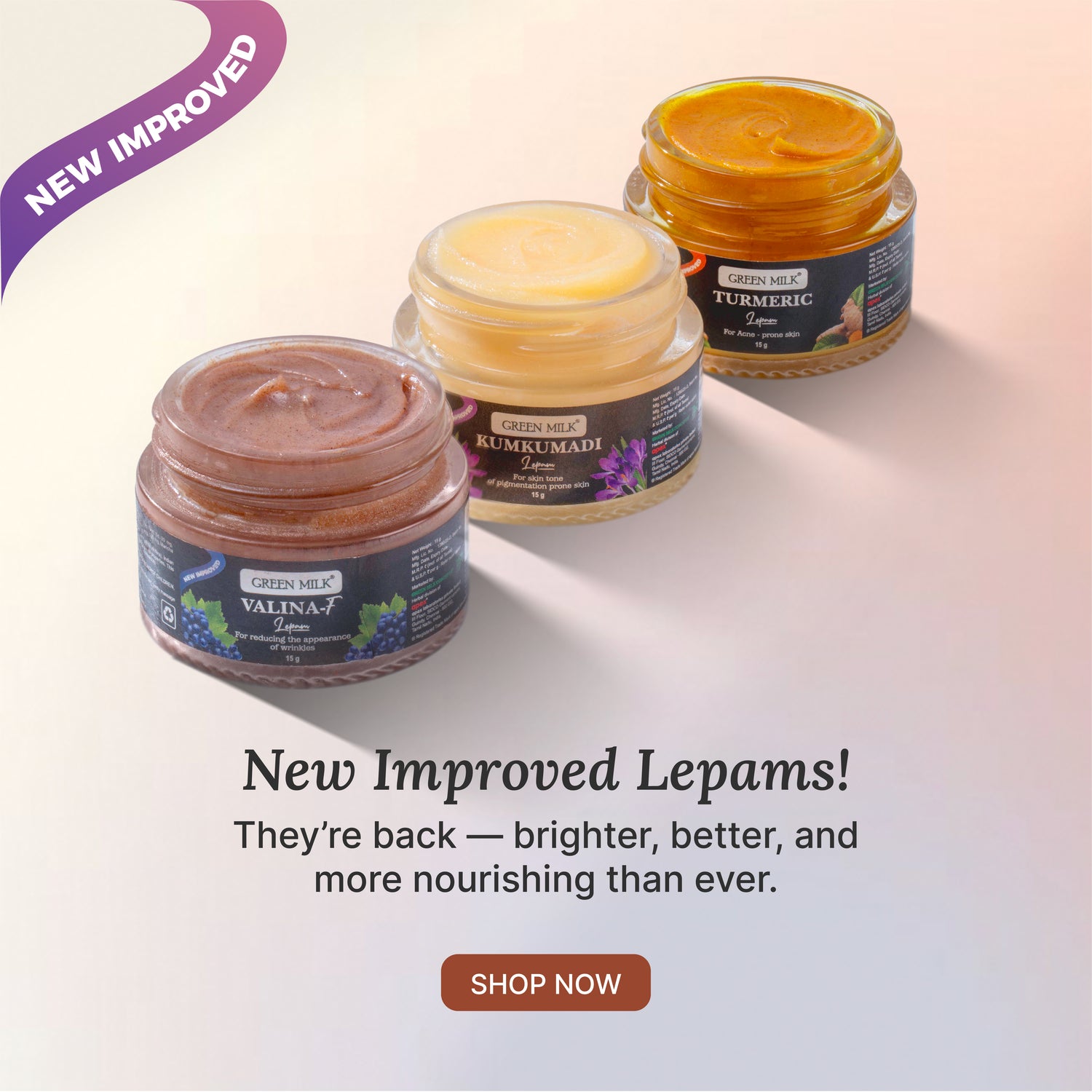 Four jars of 'New Improved Lepams' with different colors on a light background.