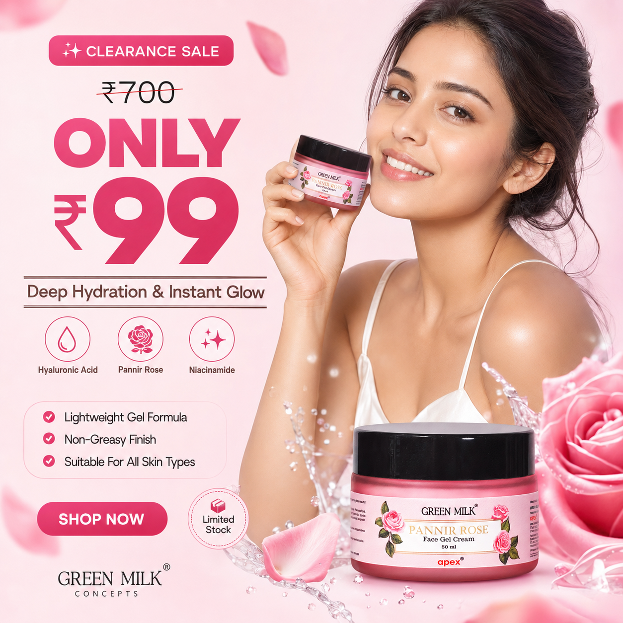Hyaluronic Acid & Niacinamide Gel Cream with Pannir rose – Deep Hydration & Glow | Green Milk Concepts - 50 ml