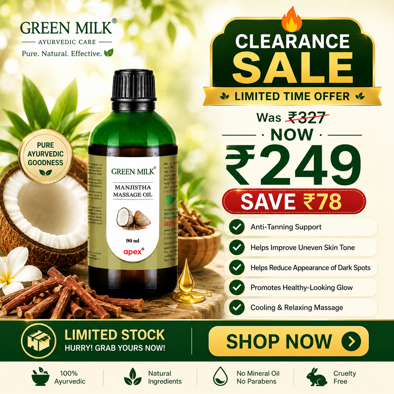 Green Milk Manjistha Massage Oil – Ayurvedic Body Oil for Anti-Tanning, Relaxation & Skin Brightening